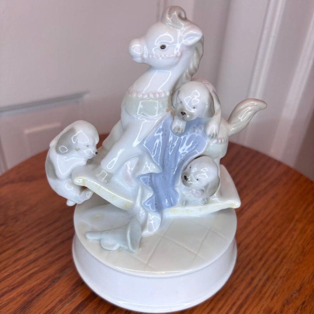 PORCELAIN GLAZED MUSIC BOX ROCKING HORSE 3 PUPPIES BY GEORGE GOOD PLAYS TOYLAND